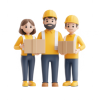 Three cartoon workers smiling while holding boxes in a warehouse setting. png