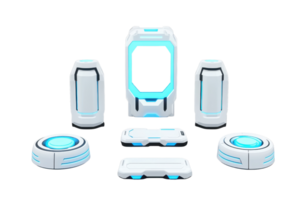 A collection of futuristic, geometric pods with glowing blue accents, arranged in a visually striking manner. png