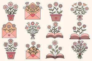 Minimalist line art Doodle flower Collection vector