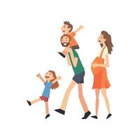 Smiling Pregnant Mother, Father and Kids, Happy Family with Children Walking Cartoon Illustration vector