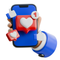 3D Hand Holding Smartphone with New Like Notification Icon png