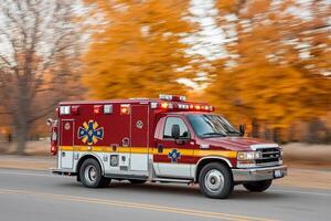 A red ambulance driving down the road photo