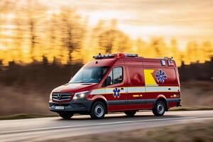 Ambulance on the road at sunset photo