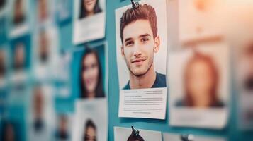 Focused Man with Resume Pinned to Wall for HR Talent Selection photo