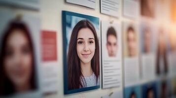 Wall Pinned Resume and Headshot of a Woman for HR Talent Selection Process photo