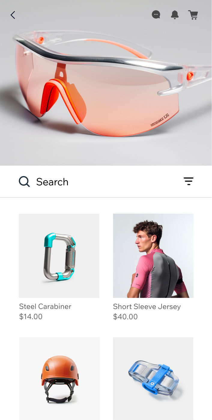 A branded mobile app synced to a sporting goods website with a search bar and featured images of products for mountaineering.