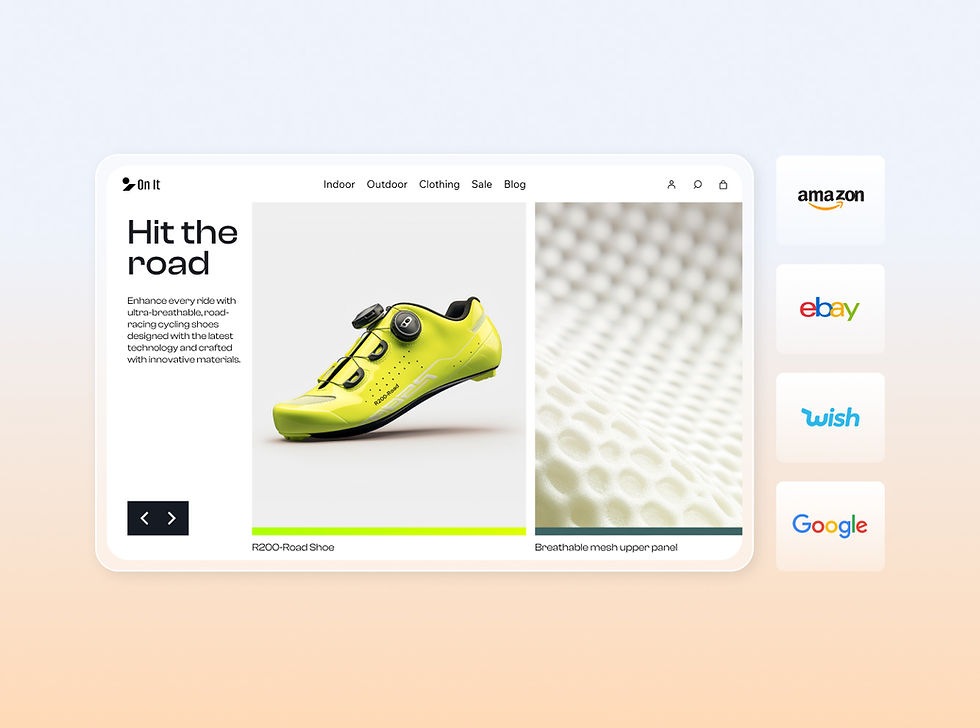 A sporting goods website with a featured image of a neon yellow cycling shoe and a close up of its mesh upper material.Panels showing logos of sales channel integrations, eBay, Amazon, Wish and Google. 