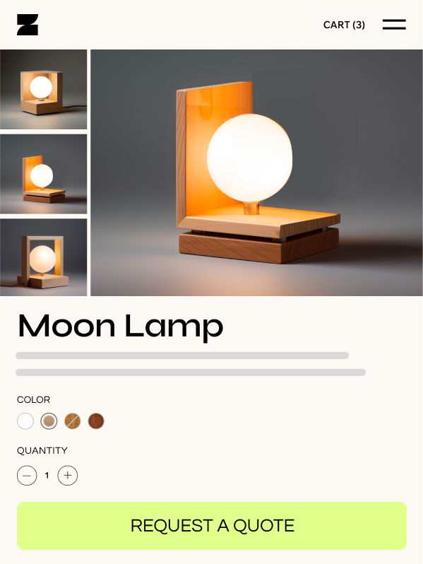 A panel with a custom code API to add a quote request capability to a product page. A product page with images of various types of custom-built moon-shaped lamps on a wooden base. 