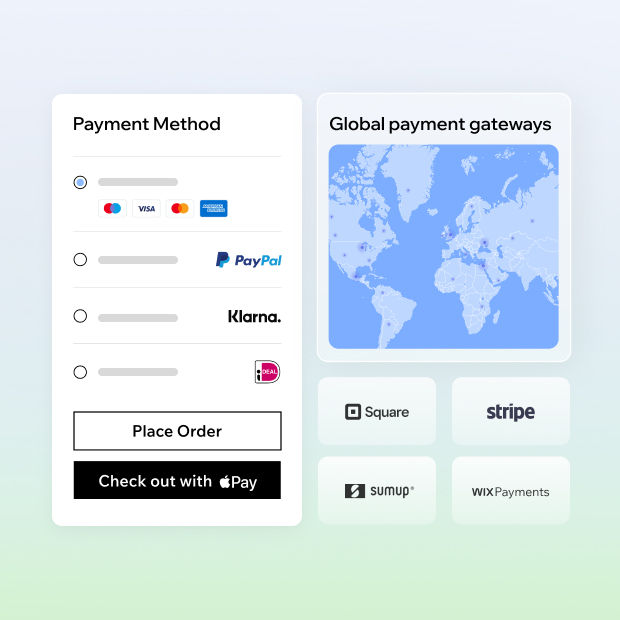 A selection of payment options for a customer to choose at checkout, including debit and credit cards, PayPal, Klarna and iDEAL. 