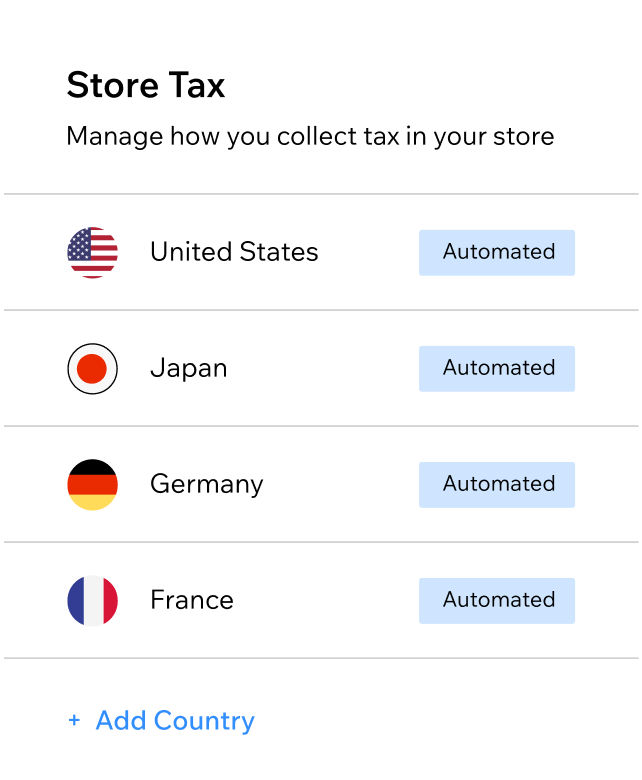 Sales tax settings showing taxes automated for the United States, Japan, Germany and France, with an option to add more countries. (Right) A product page for a sports jersey that’s translatable into English, German and Spanish.