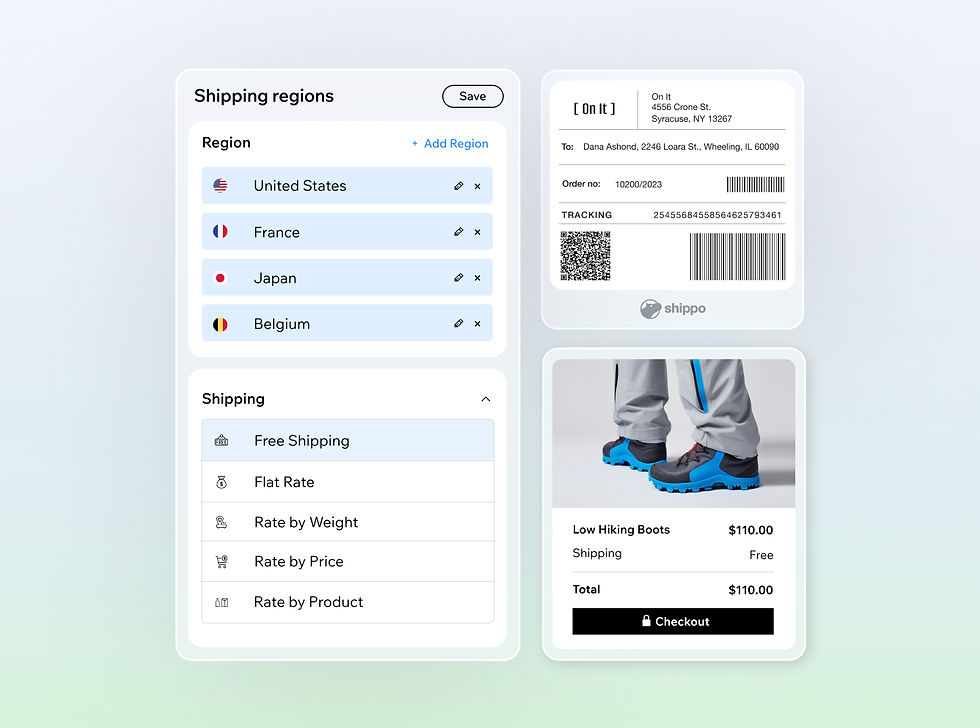 Panels displaying shipping settings for regions and rates. A shipping label above an image of hiking boots that qualify for free shipping.