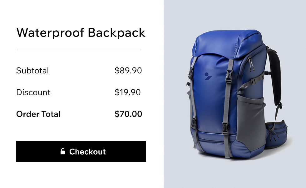 A waterproof backpack that’s been discounted and is ready to purchase for $70 via Tap to Pay.