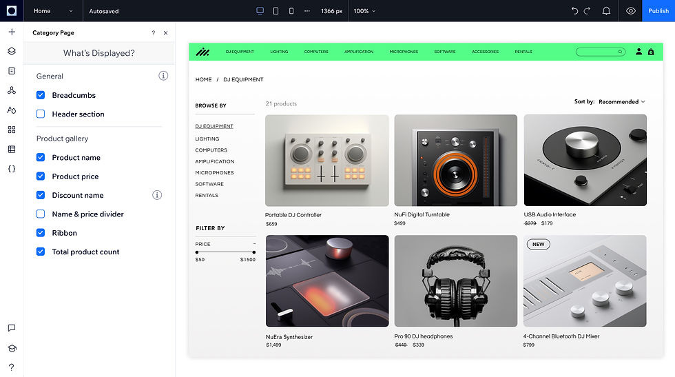 The backend settings for a music website’s category page , with tick boxes to determine what details get displayed on the live site. Alongside it, the live site’s category page displays different types of music equipment, with options to filter by product and price.