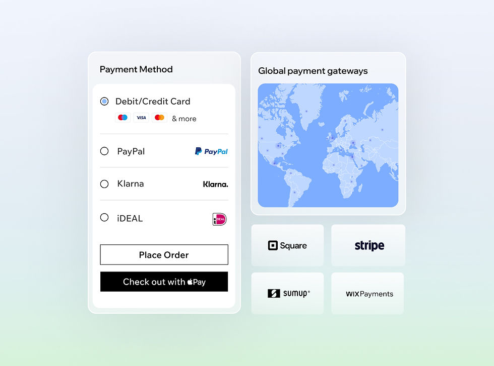 A selection of payment options for a customer to choose at checkout, including debit and credit cards, PayPal, Klarna and iDEAL. A map of the world with dots marking the location of global payment providers, and below it, logos for Square, Stripe, SumUp and Wix Payments. 