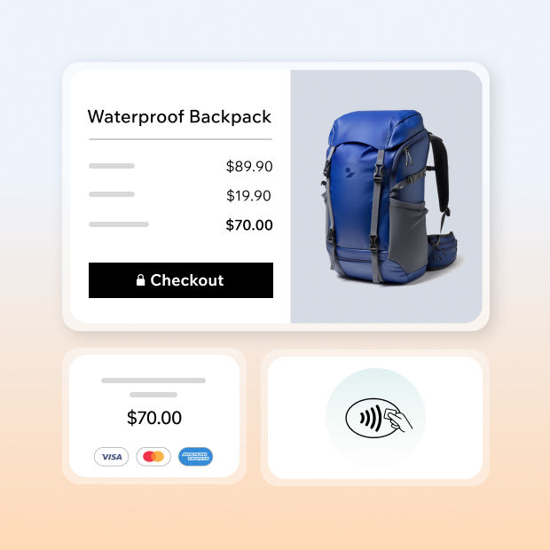 A waterproof backpack that’s been discounted and is ready to purchase for $70 via Tap to Pay.