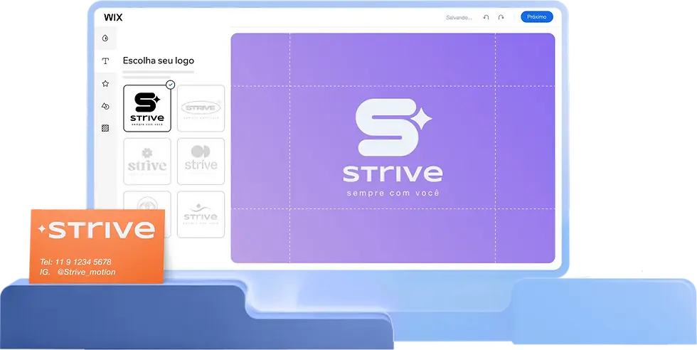 A página do Criador de Logo com opções de logo para a marca Strive. As janelas pop-up incluem uma janela de personalização do design, um cartão de visita e uma janela com um anúncio para uma bolsa da marca.