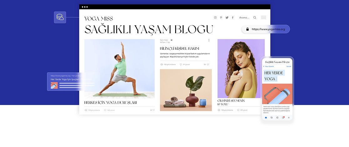 Bir yoga blogunun ana sayfası. Şirket adı: YOGA MISS. Ana sayfada 3 yazı gösteriliyor: sevilen yoga duruşları, kişisel bakım ve cilt bakımı. Telefon ekranında bir yazı gösteriliyor: Her yerde yoga. Resimler, esneme hareketi yapan bir kadını, yaşam stili ürünlerini ve nemlendirici süren bir kadını gösteriyor.