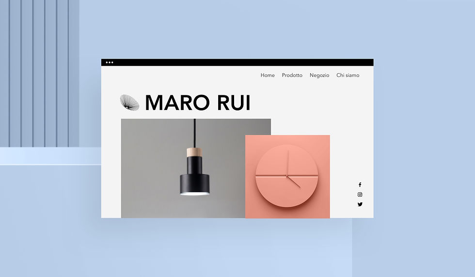 Sito web e logo per il brand Maro Rui su desktop e mobile, con immagini di un lampadario nero e di un orologio da parete rosa minimalista.