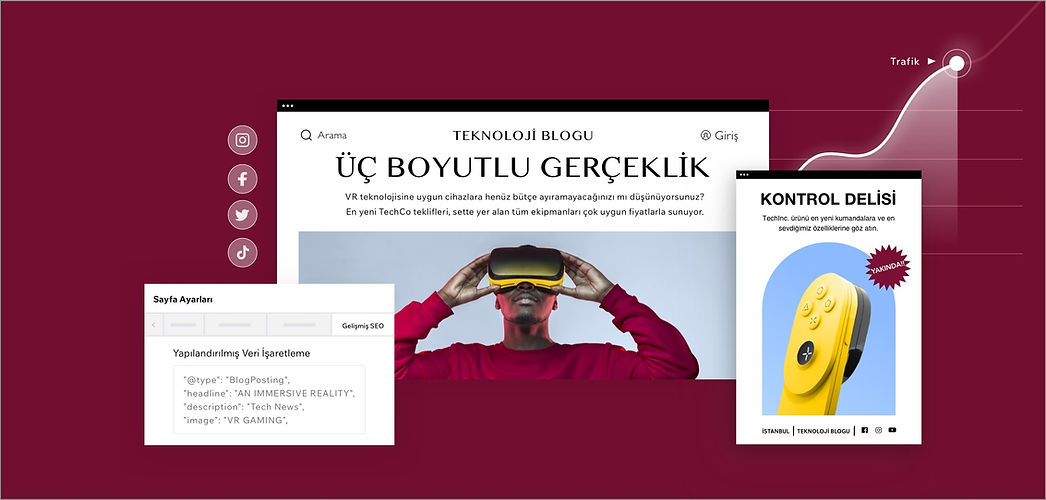 Bir teknoloji blogunun haber sayfası. Sayfada 2 yazı gösteriliyor: Üç boyutlu gerçeklik ve kontrol delisi. VR gözlük takan bir adam resmi ve sarı bir oyun kumandası resmi gösteriliyor. SEO ögelerini içeren bir panel gösteriliyor. Arka plandaki grafikte site trafiğindeki artış gösteriliyor.