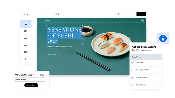 Site de sushi que utiliza o Assistente de Acessibilidade do Editor