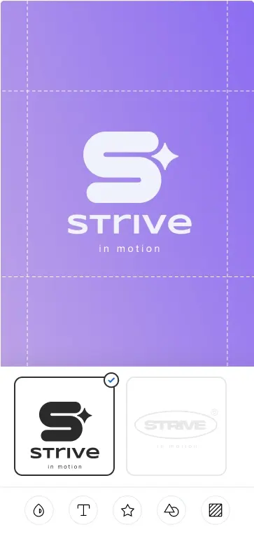 A página do Criador de Logo com opções de logo para a marca Strive. As janelas pop-up incluem uma janela de personalização do design, um cartão de visita e uma janela com um anúncio para uma bolsa da marca.