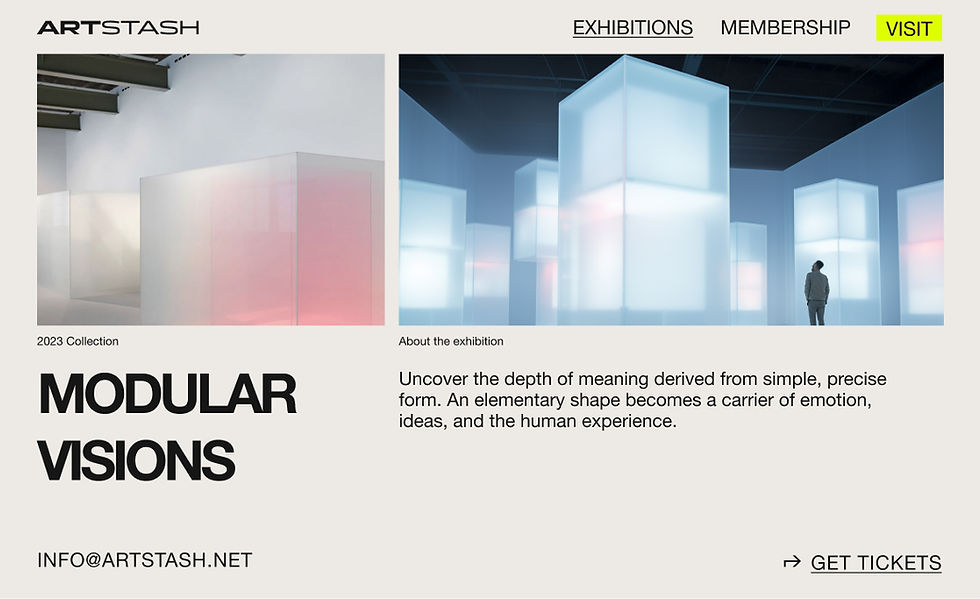 An example dynamic page for a gallery exhibition called Modular Visions. All the pages for the different exhibitions have exactly the same layout, but different images, text and unique URLs. 