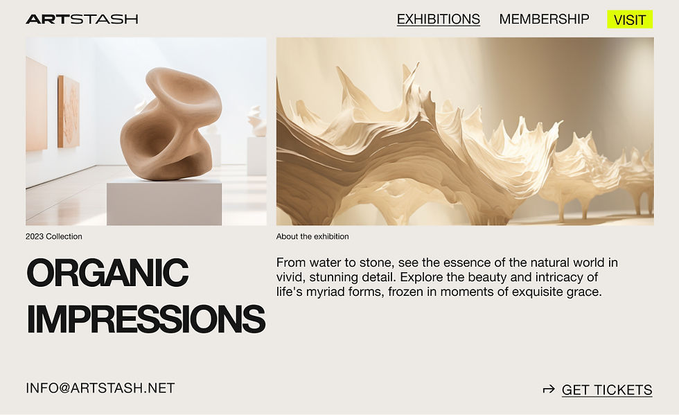 An example dynamic page for a contemporary art gallery that shares information about a specific exhibition called Organic Impressions. 