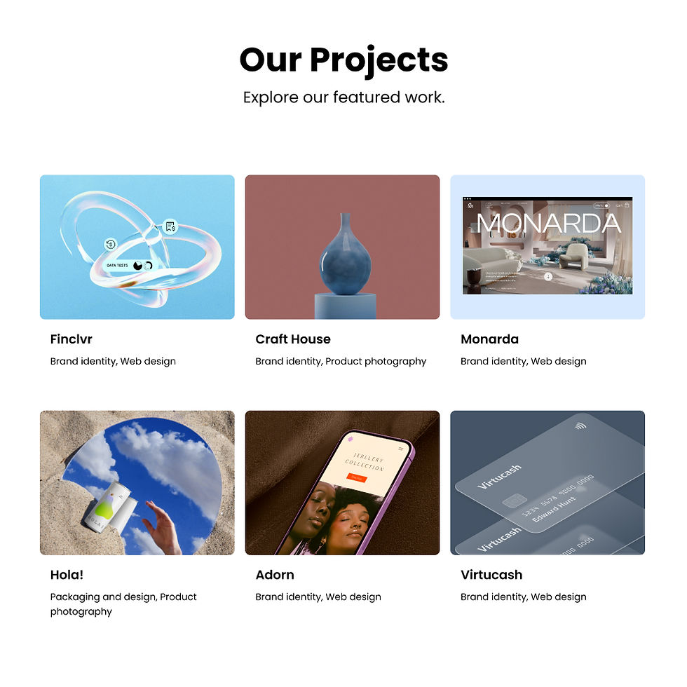 A example layout for the “Our projects” section of a website with images, text and a description displayed in a uniform layout. 