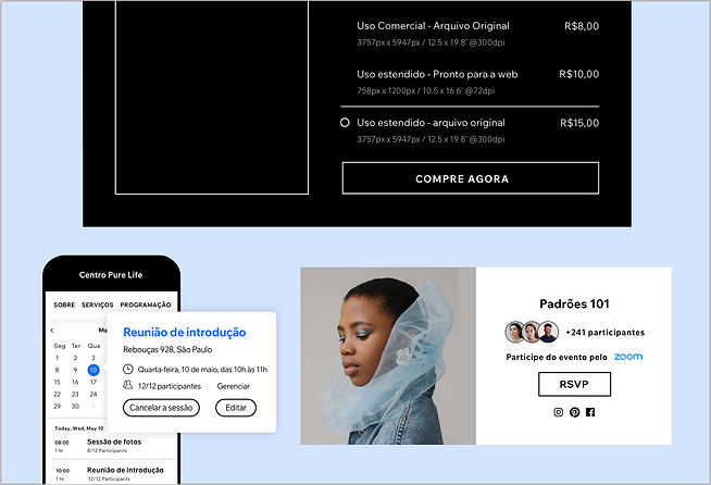 Colagem de diferentes recursos do Wix, incluindo a capacidade de vender arte com a Wix Art Store, sessões de livro com Wix Bookings e RSVP para um evento criado com o Wix Events.