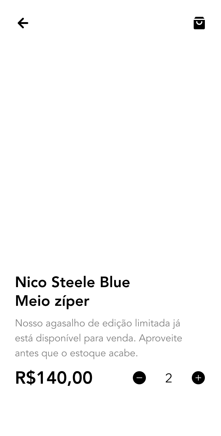 Agasalho azul com meio zíper sendo vendido em um app móvel.