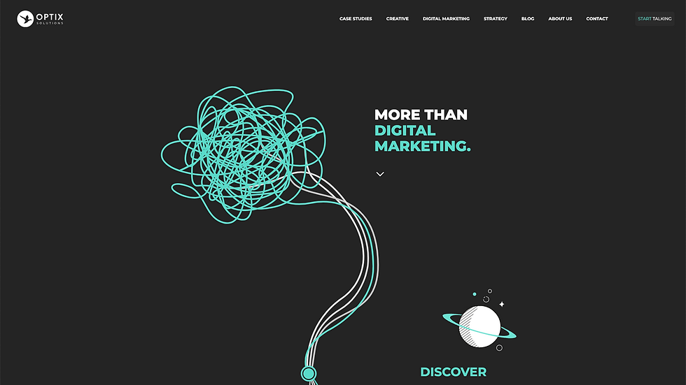 A sophisticated website homepage for a digital marketing agency called Optix Solutions. The background is black and shows an abstract picture of a planet.  