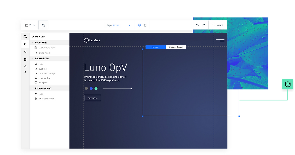 Uma captura de tela da plataforma Velo mostrando o menu Editor à esquerda, conhecido como Velo Sidebar. Suas categorias são arquivos de código, arquivos de back-end e pacotes.