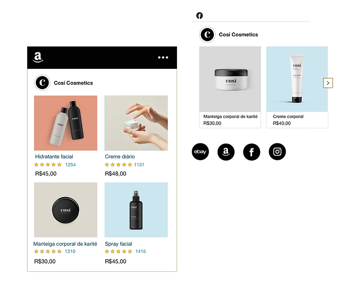 Loja online de cosméticos com produtos à venda na Amazon e Facebook.