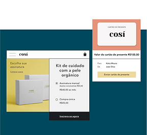 Loja de cosméticos online que oferece cartões de presente digitais e caixas de assinatura de produtos