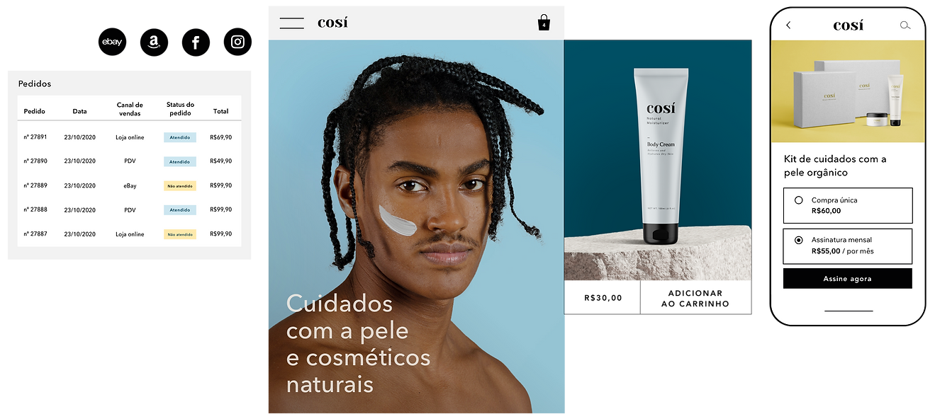 Atendimento de pedidos com vários canais de vendas para um site de cosméticos naturais e uma opção de compra de assinatura de produto no celular.