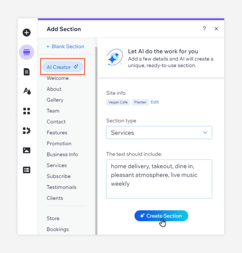 Wix's AI section creator