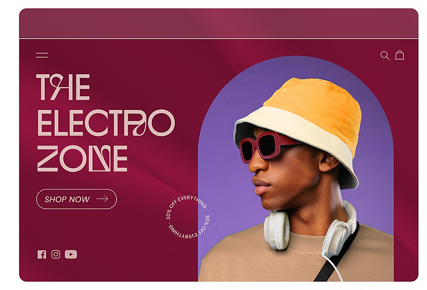 Model wearing headphones on store homepage. Image of air pods on sale and sponsored instagram ad.