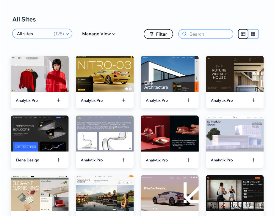 Wix Studioワークスペースのすべてのサイトビュー。アパレルネットショップ、オンラインフィットネスクラスを提供するサイト、不動産サイトなどさまざまなサイトがある。このアカウントで作成したサイトの合計数は128。
