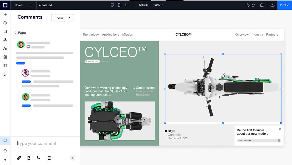 Uma loja online de uma marca futurista de motocicletas no Editor do Wix Studio. O painel de comentários ao vivo está aberto, mostrando uma conversa entre dois criadores de sites sobre a atualização de uma das imagens do site.