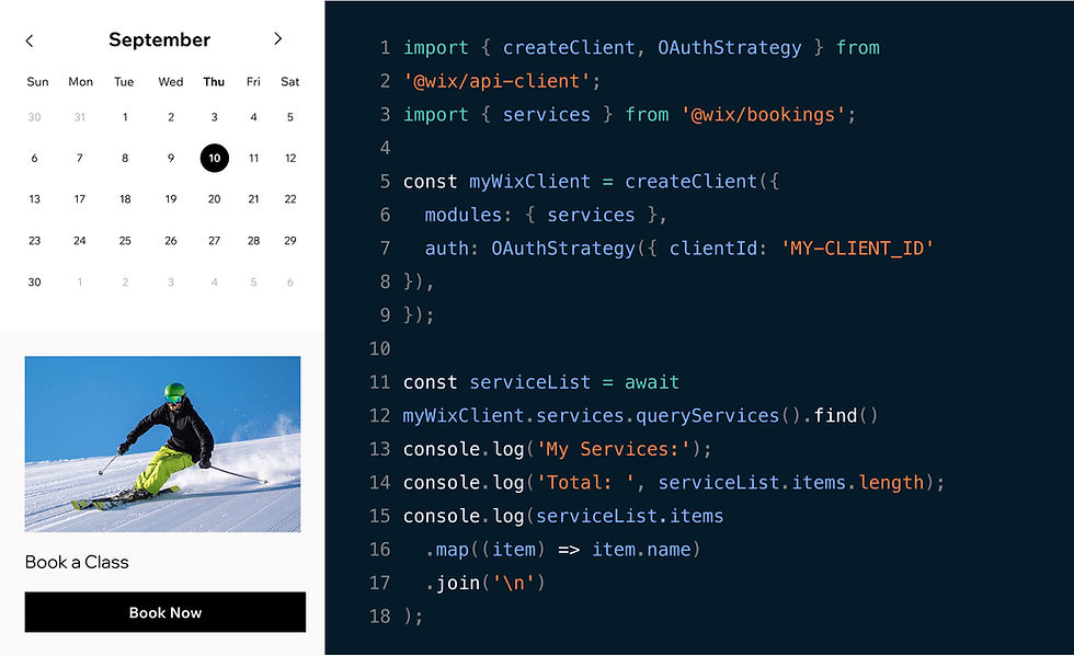 Zweiteiliges Bild. Der erste Teil zeigt den Entwurf eines Buchungskalenders für einen Skikurs, der mit der Wix Headless Bookings API erstellt wurde. Der andere Teil zeigt eine Entwicklungsumgebung und den Code, der zu dem Buchungskalender des Skikurses gehört.