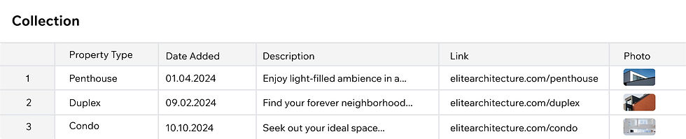Wix Studio サイトのセクションに接続された CMS コレクション。不動産サイトのさまざまな物件の詳細など、コレクションのコンテンツがデザインに反映されている。
