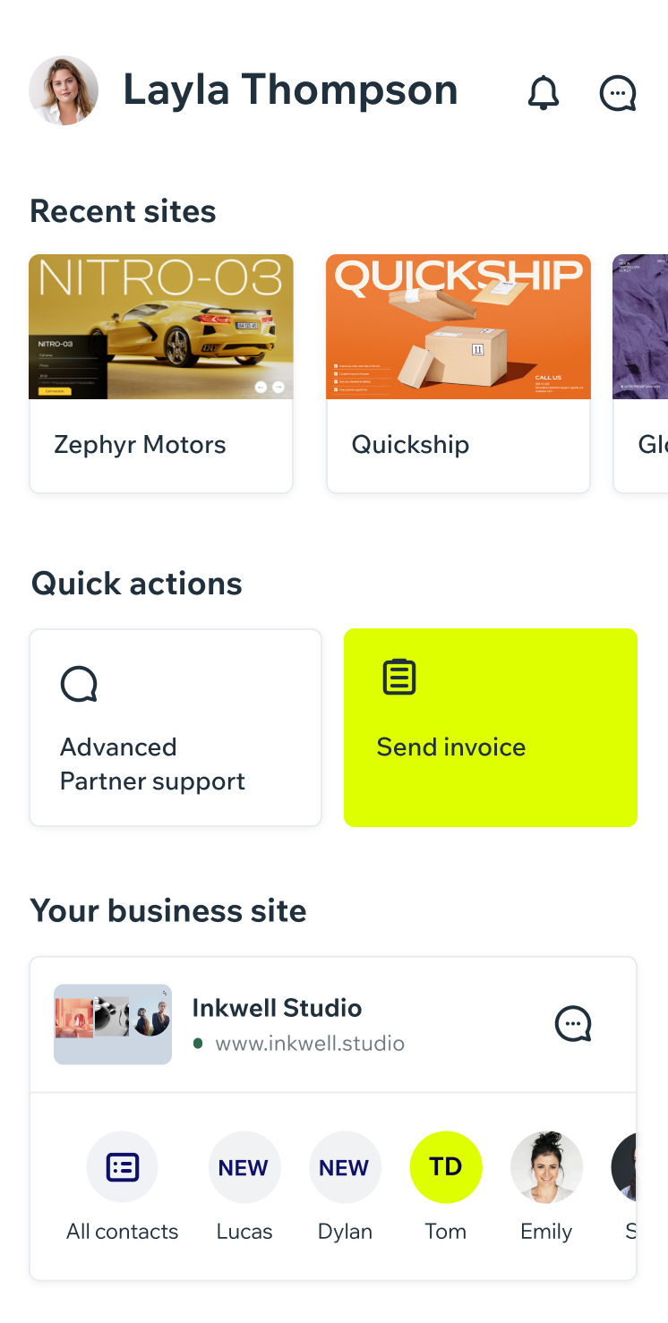 Wix Studio モバイルアプリ。最近のサイトやパートナーサポート、請求書送信のためのクイックアクションが利用できる。