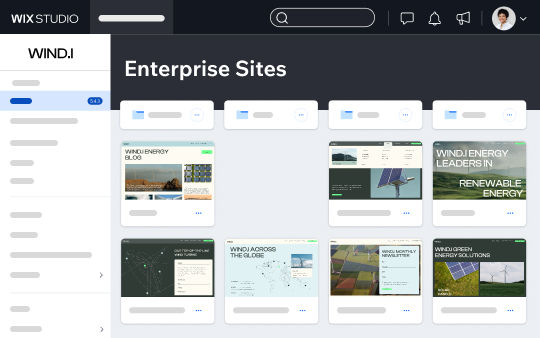 The sites area for Wind.I, a renewable energy company on Wix Studio for enterprise. Its sites are arranged in folders according to the global regions where it operates.  