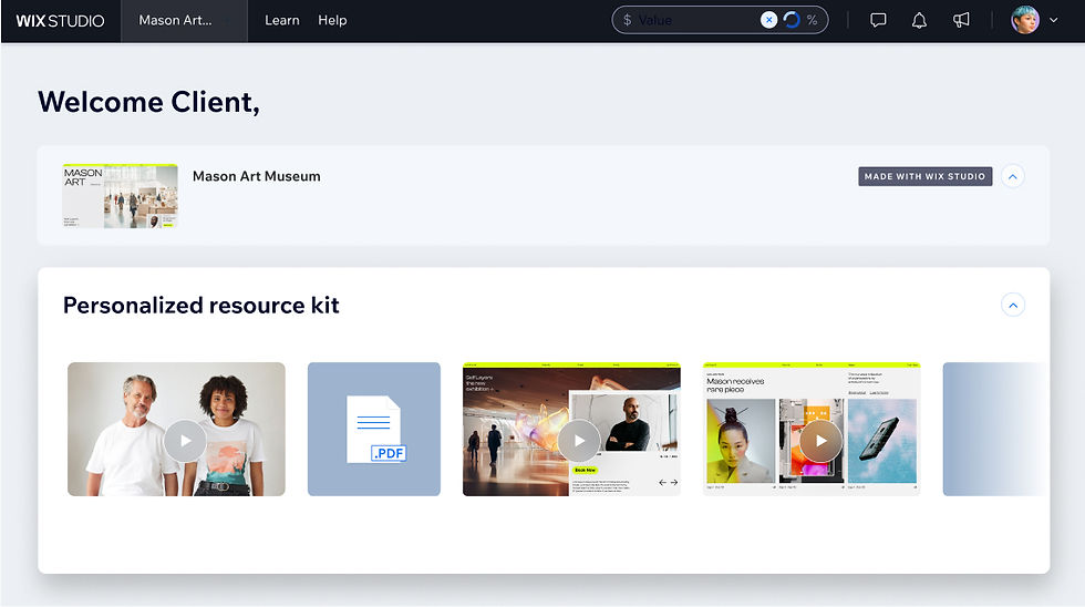 Wix Studio のクライアントワークスペース。ビデオチュートリアルと PDF の引き継ぎドキュメントを含むパーソナライズされたリソースキットが利用できる。