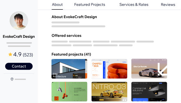 An agency’s profile on Wix Marketplace shows an overview of their featured projects, services, reviews and contact. 