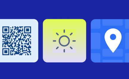 Three abstract app icons in a row on a dark blue background including a QR code, a weather app and a store locator.