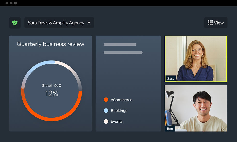 A Partner Success Manager called Sara is on a video call with Ben, from Amplify Agency, who is part of the Partner Program. She is running through a business review and showing a quarterly growth chart.