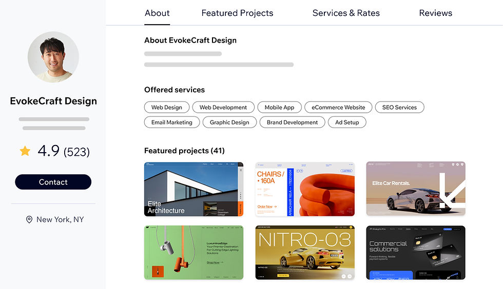 On the left is a desktop view of an agency’s profile on Wix Marketplace. You can see their featured projects, services and About section as well as a rating and option to contact them. On the right, in a mobile view, is the agency dashboard. It includes a section for leads and shows the status of active projects.