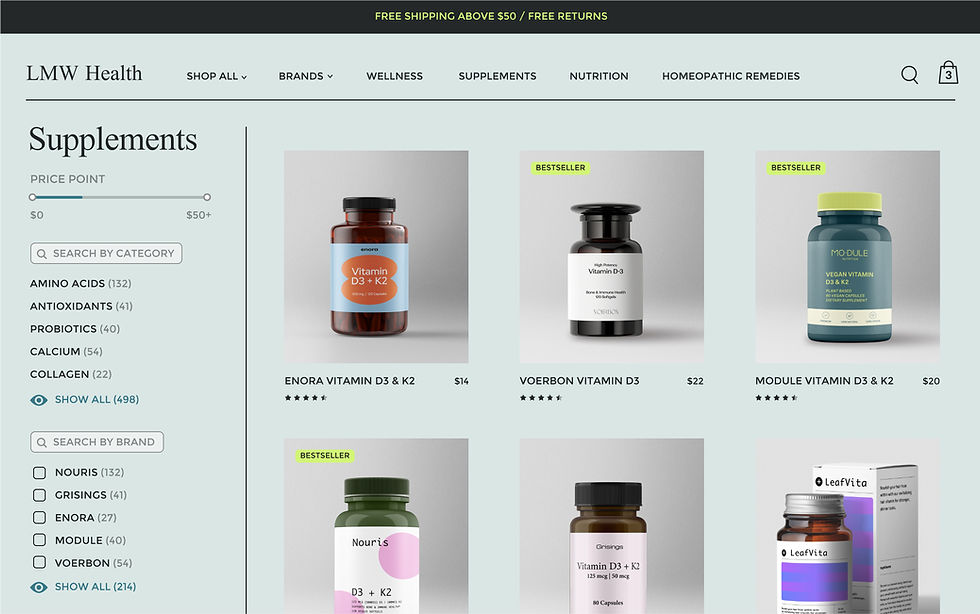 A product page from a health store’s website that was built on Wix Studio. Thumbnail images of vitamins are displayed on a green background.