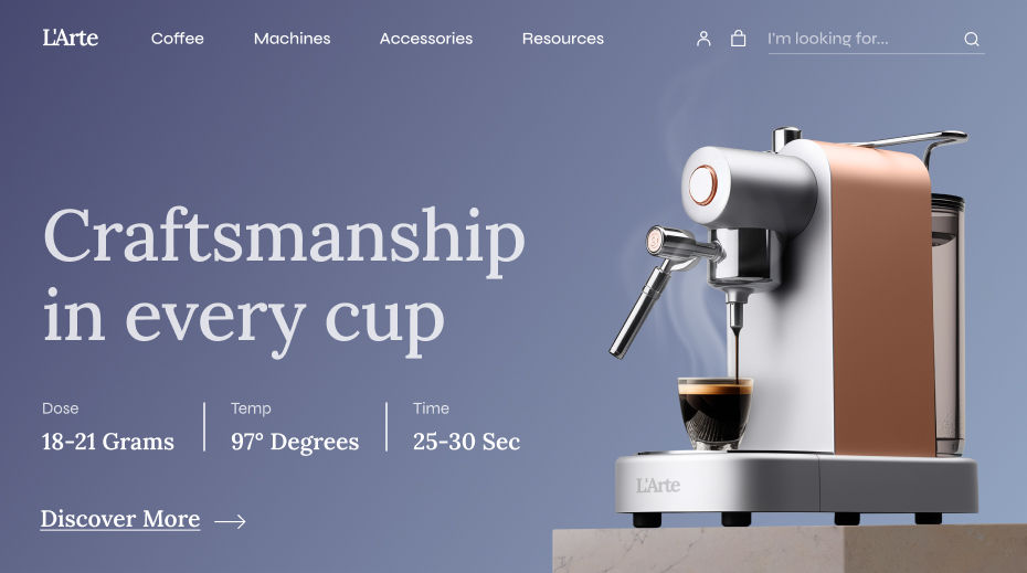 O site do fabricante de máquinas de café expresso L'Arte, mostrando uma máquina de café expresso moderna para uso doméstico e um slogan com a frase "Craftsmanship in every cup". Ao redor, há painéis que mostram trechos de código e métricas de desempenho do site.